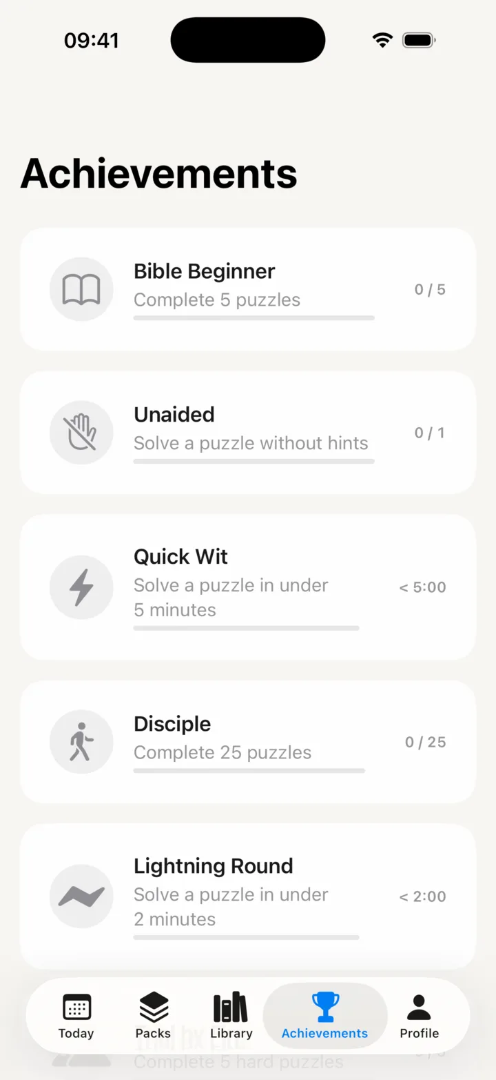 The Achievements screen listing Bible Beginner, Unaided, Quick Wit, Disciple and Lightning Round, each with its goal and progress