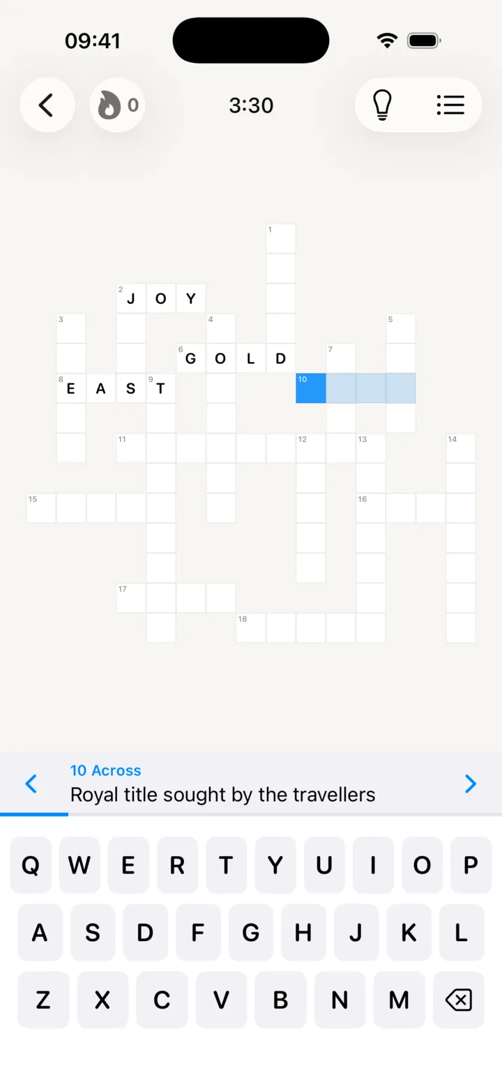 The crossword grid part-solved — JOY, GOLD and EAST filled in — showing the clue “Direction the visitors came from”