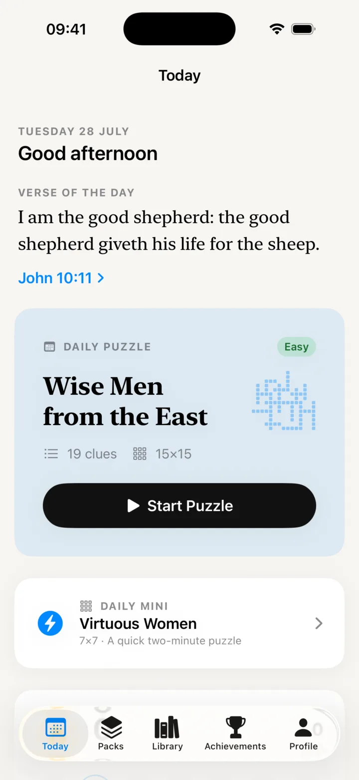 The Today screen: the Verse of the Day from John 10:11, today's puzzle “Wise Men from the East”, and the Daily Mini